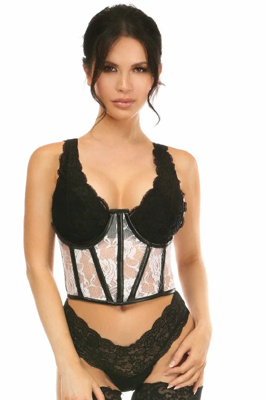 burlesque women bustiers and corsetsLavish Sheer White Lace & Faux Leather Open Cup Waist Cincher