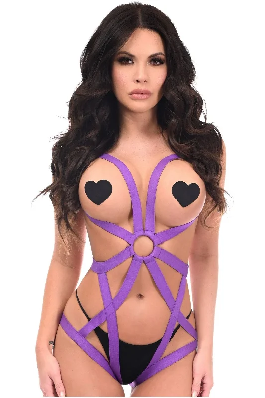 Gothic women bustiers and corsets aestheticBOXED Purple Stretchy Body Harness Bodysuit w/Silver Hardware