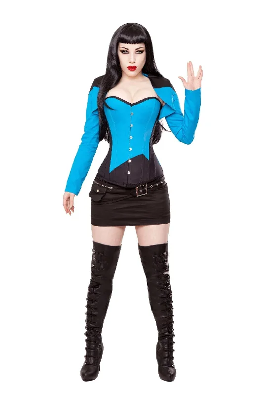 low - cut women bustiers and corsetsBlack/Blue Corset, Bolero, Skirt, Belt & Boots Outfit