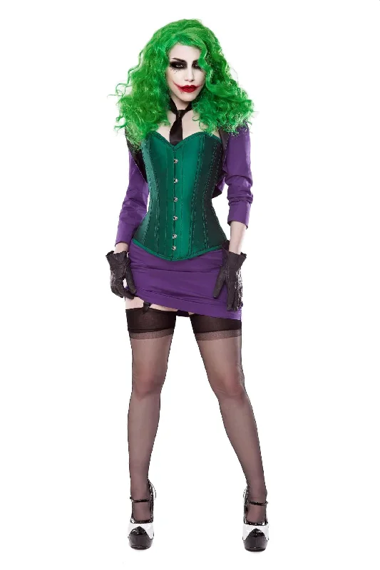 high - waisted women bustiers and corsetsGreen Silk Corset With Purple Bolero & Skirt Outfit