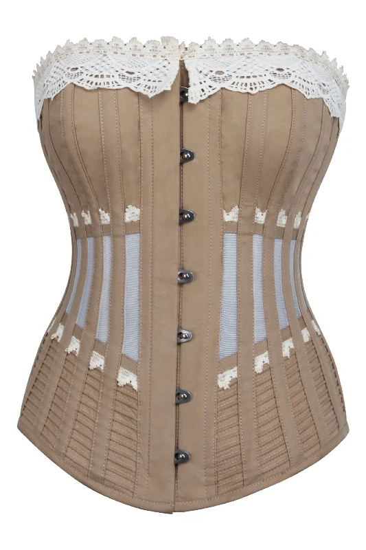 back lacing women bustiers and corsetsHistorically Inspired Beige Longline Corset with Lace and Ribbing