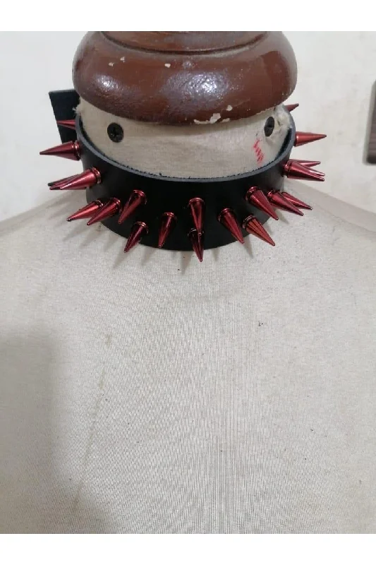 designer women bustiers and corsets collectionsBlack Faux Leather & Red Metallic Spike Choker