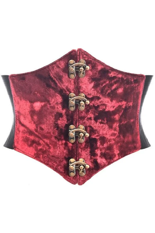 high - waisted women bustiers and corsetsLavish Dark Red Crushed Velvet Corset Belt Cincher w/Clasps