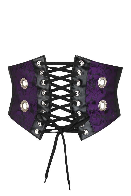 longline women bustiers and corsetsPurple Brocade & PVC Corset Inspired Belt withZip & Front Cord