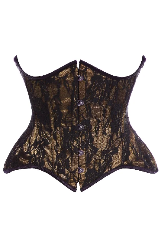 high - waisted women bustiers and corsetsTop Drawer Beige w/Black Lace Double Steel Boned Curvy Cut Waist Cincher Corset