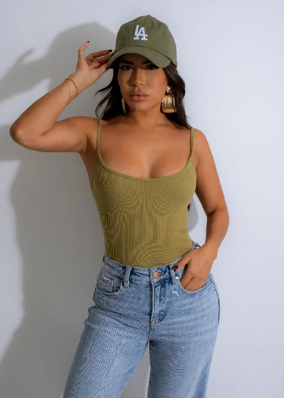 Sleeveless Bodysuits for a Cool and Casual Summer LookCaught In The Drama Ribbed Bodysuit Green