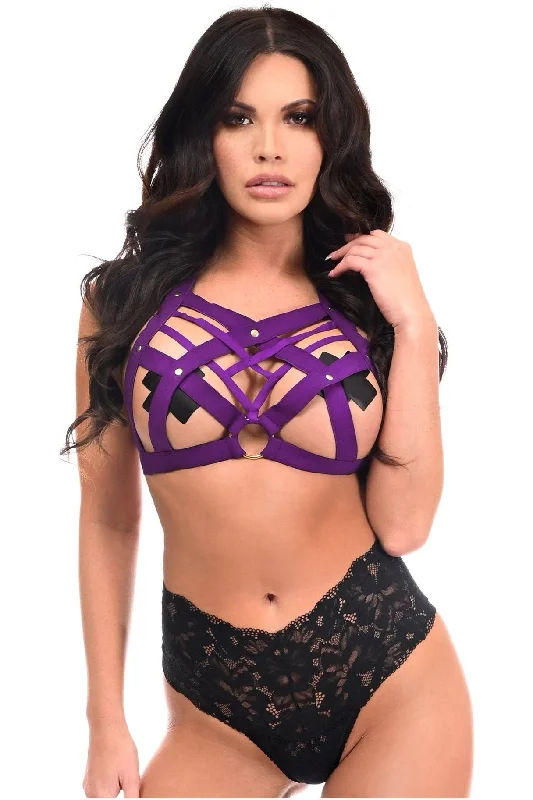 mesh women bustiers and corsetsBOXED Purple Stretchy Body Harness w/Gold Hardware