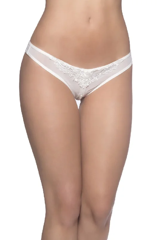 anti - chafing women thongs for long - distance runnersCrotchless Thong With Pearls and Venise Detail - White - 1x2x