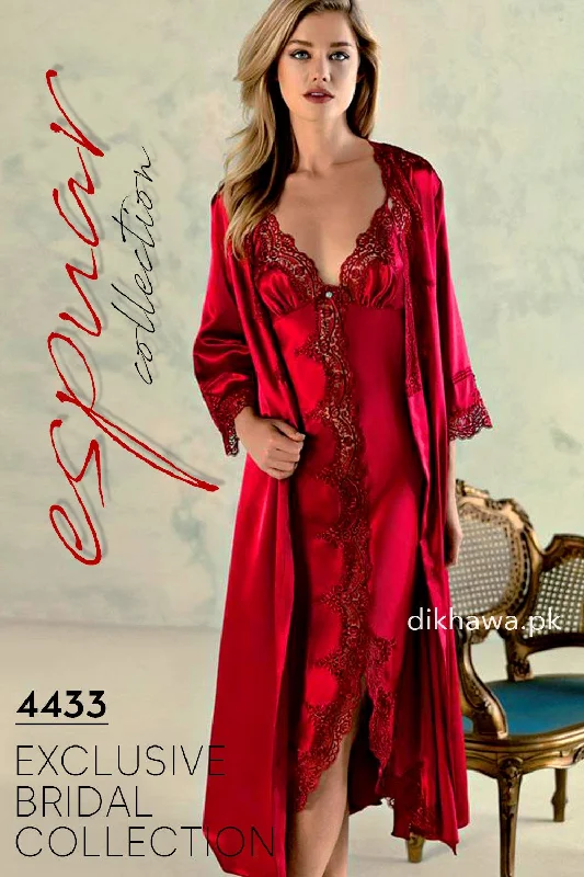 women robes with a vintage - inspired patternEspuar - Exclusive Bridal Wedding Honeymoon 2Pc Long Nighty Set with Robe Maroon 4433 - Turkish Brand