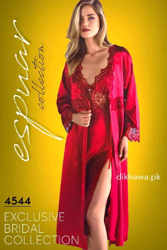 women robes with a sheer panel for a touch of allureEspuar - Exclusive Bridal Wedding Honeymoon 2Pc Long Nighty Set with Robe Maroon 4544 - Turkish Brand