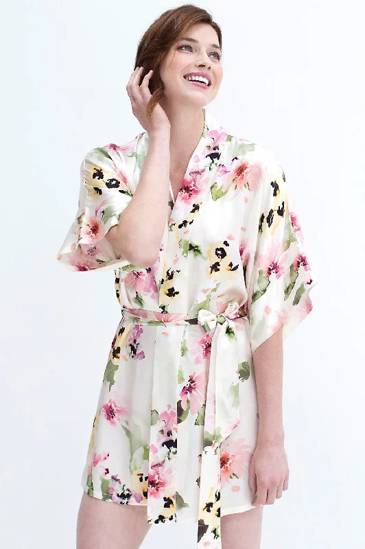 wrap - around women robes with adjustable beltsSamantha Silk Kimono Robe in Watercolor Dreams floral print