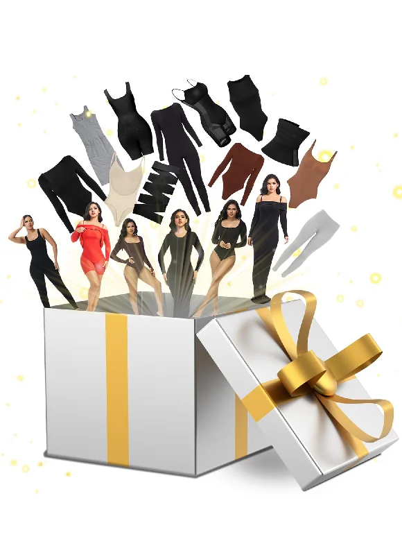 Compression Bodysuits for Post - Workout RecoveryMystery BOX with 4 Exclusive Value Items ,Bodysuit , Playsuit , Jumpsuit, Waist Trainers and Wraps, Leggings, Shapewear Dress , leggings and brallet