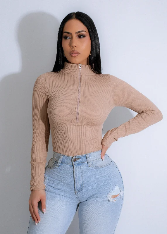 Crop Bodysuits to Pair with High - Waisted BottomsContour Zip Ribbed Bodysuit Nude