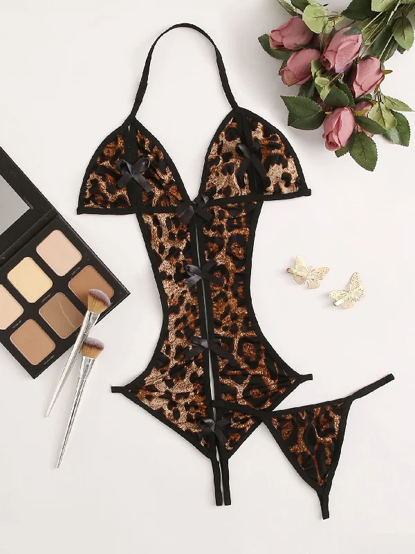 silk - lined women thongs for a touch of luxuryWild Leopard Halter Crotchless Teddy Bodysuit & Thong