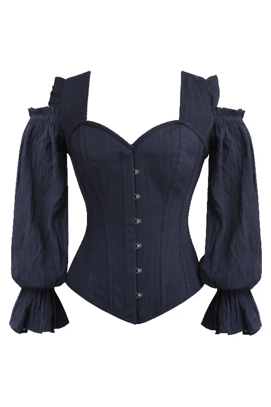 vintage women bustiers and corsets replicasLong Sleeve Midnight Blue Corset with Cold Shoulder