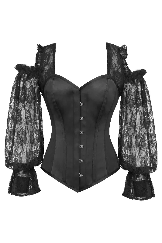 minimalist women bustiers and corsetsBlack Satin Overbust With Lace Sleeves