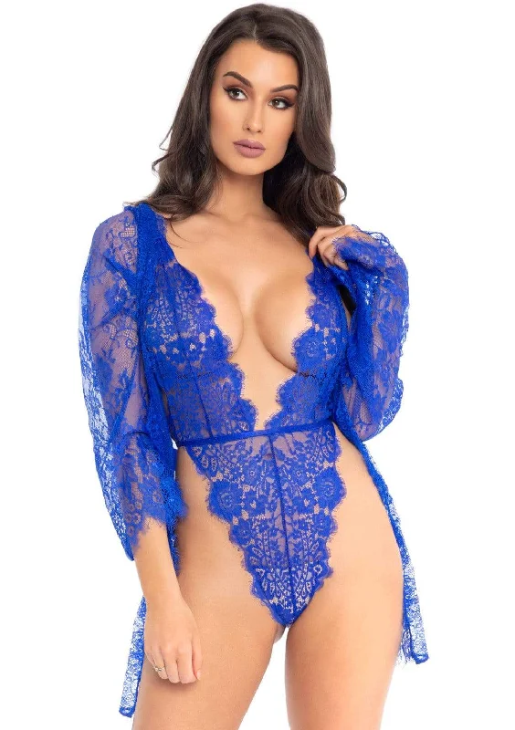 women robes with a faux - fur trim for a luxurious feel3pc Lace Teddy and Robe Set - Medium -  Royal Blue