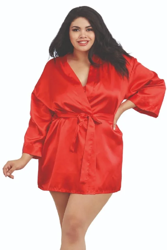 women robes with a contrast - colored beltPlus Size Satin Robe and Chemise Set