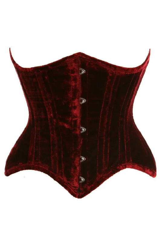 Victorian style women bustiers and corsetsTop Drawer Dark Red Crushed Velvet Double Steel Boned Curvy Cut Waist Cincher Corset