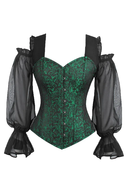 designer women bustiers and corsets collectionsLong sleeve Green and Black Brocade Corset Top with Chiffon Sleeves