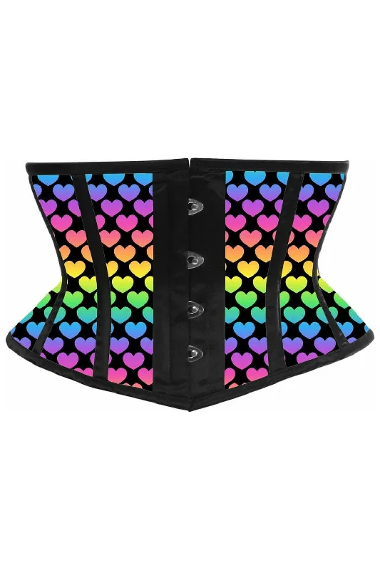 high - waisted women bustiers and corsetsLavish Rainbow Hearts Print Satin Mini Cincher Corset