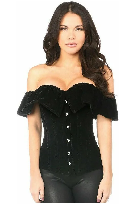 machine made women bustiers and corsetsTop Drawer Black Velvet Off-The-Shoulder Steel Boned Corset