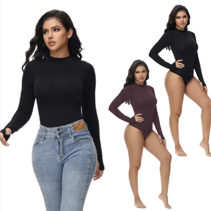 Sheer Bodysuits for a Seductive and Alluring OutfitSoo slick Seamless Shapewear Bodysuit for Women -  Mock Neck Long Sleeve Thong Bodysuit Tops Womenswear Underwear Lady Comfort Longsleeves Basic Crewneck Minimalist