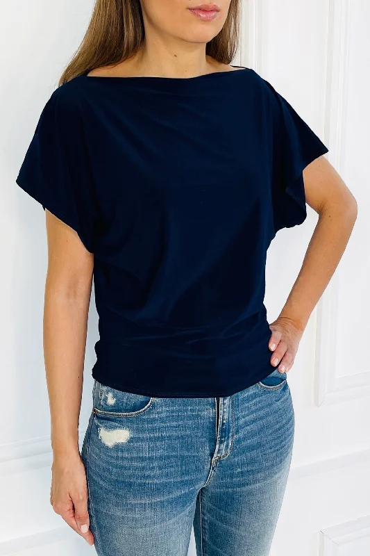 Cut - Out Bodysuits for a Trendy and Fashion - Forward StyleFINLEY NAVY BATWING TOP WITH SLASHED NECKLINE