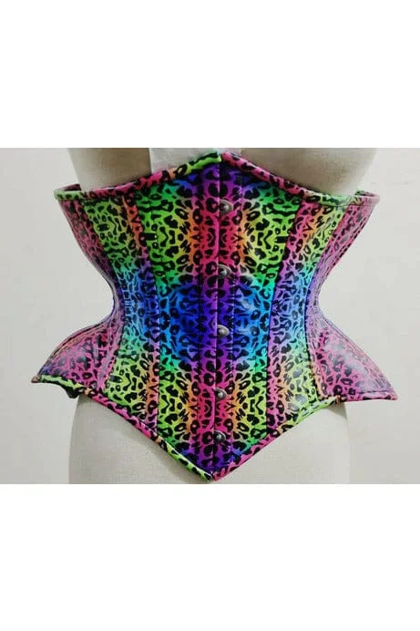 leather women bustiers and corsetsTop Drawer Rainbow Leopard Print Double Steel Boned Curvy Cut Underbust Cincher Corset