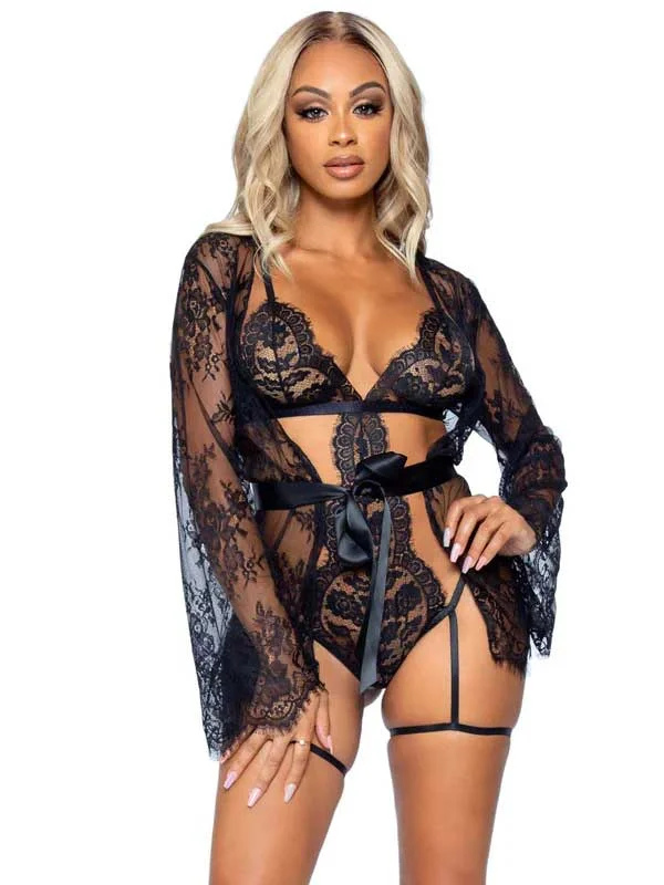 women robes with hoods for added cozinessAll Romance Lace Teddy and Robe Set - Medium -  Black