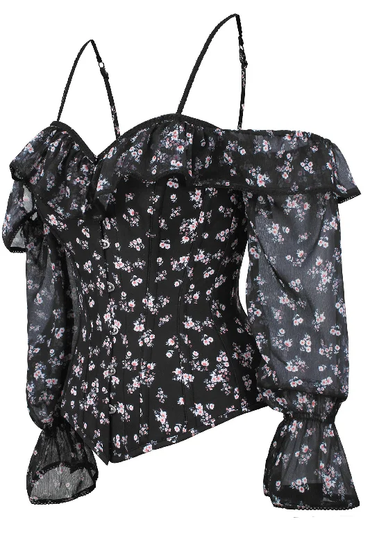 affordable women bustiers and corsetsLong Sleeve Dark Ditsy Floral Corset Top with Cold Shoulder