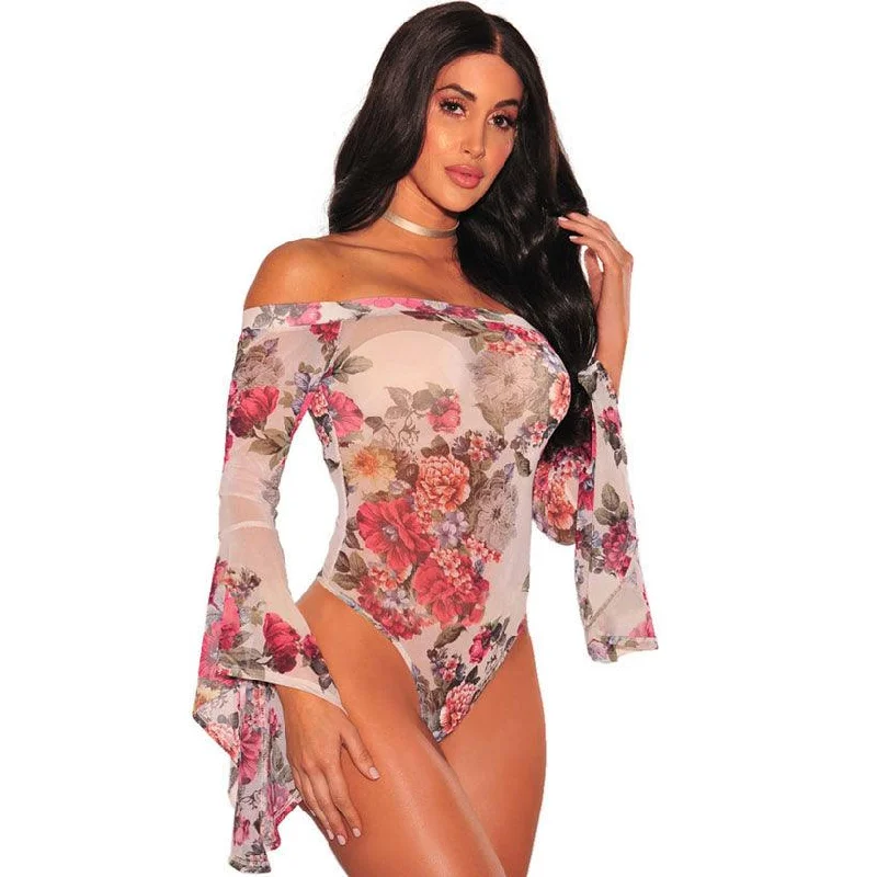 Sheer Bodysuits for a Seductive and Alluring OutfitFLARE SLEEVE MESH FLORAL BODYSUIT