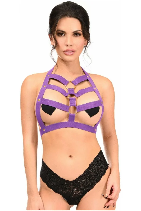 petite women bustiers and corsetsBOXED Dark Purple Stretchy Body Harness w/Gold Hardware