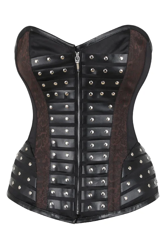 rhinestone embellished women bustiers and corsetsBlack Studded Overbust with Brown Brocade Panels