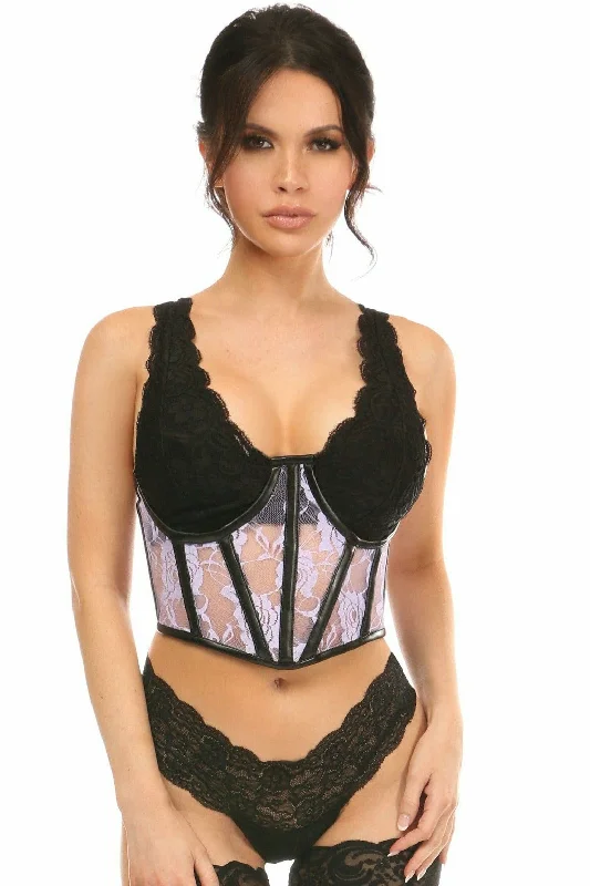 hypoallergenic women bustiers and corsetsLavish Sheer Lavender Lace & Faux Leather Open Cup Waist Cincher