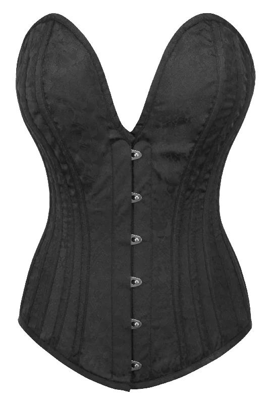 post - pregnancy women bustiers and corsetsBlack Brocade Overbust Corset with Plunge Neckline