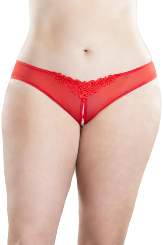 thong - style swimwear for women at the beachCrotchless Thong With Pearls and Venise Detail - Red - 3x4x