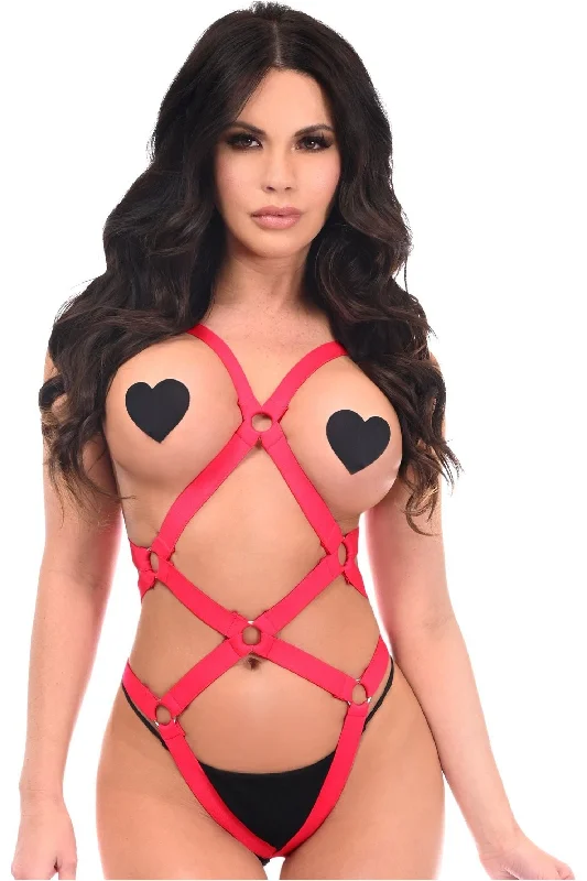 minimalist women bustiers and corsetsBOXED Red Stretchy Body Harness Bodysuit w/Silver Hardware