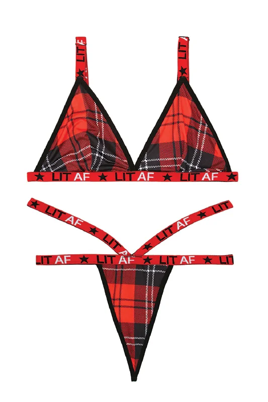 beaded women thongs for a glamorous and eye - catching lookLit Af Bralette and Thong Set - Red Plaid - M/l