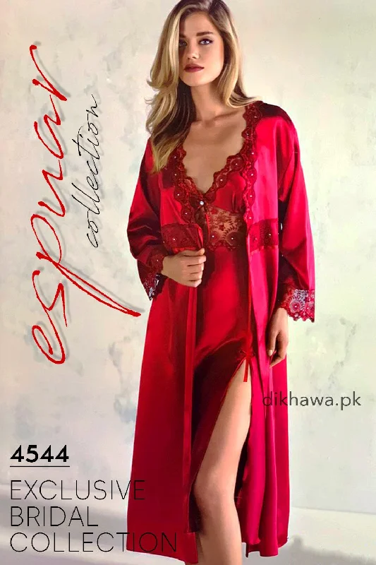 kimono - style women robes for a Japanese - inspired aestheticEspuar - Exclusive Bridal Wedding Honeymoon 2Pc Long Nighty Set with Robe Maroon 4544 - Turkish Brand