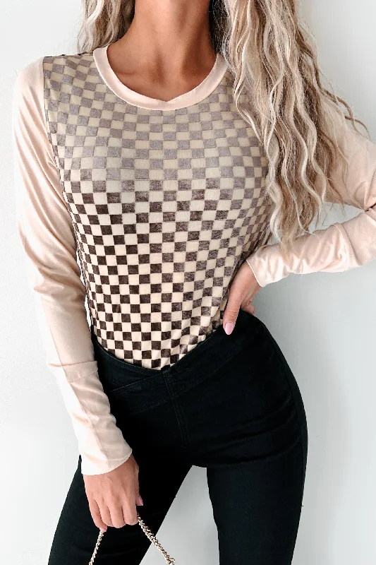 Maternity Bodysuits for Expecting Mothers' ComfortChess Moves Velvet Checkered Bodysuit (Taupe)