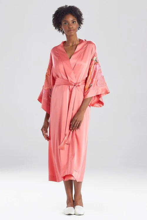 women robes with a dropped - shoulder designPeony Blossoms Embroidered Silk Tassel Robe