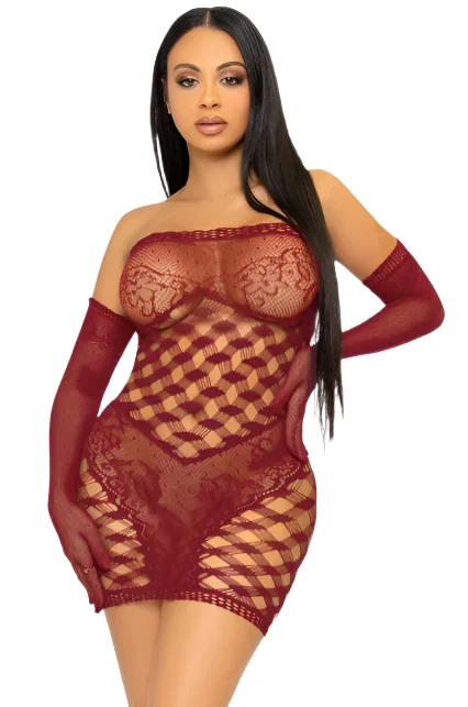 women sexy dresses with lace - trimmed hemlinesNet and Lace Tube Dress and Gloves Burgundy