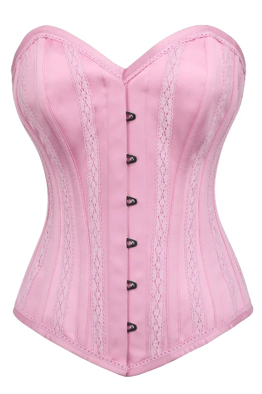 zip front women bustiers and corsets designPink Satin Overbust Corset with Lace Trims