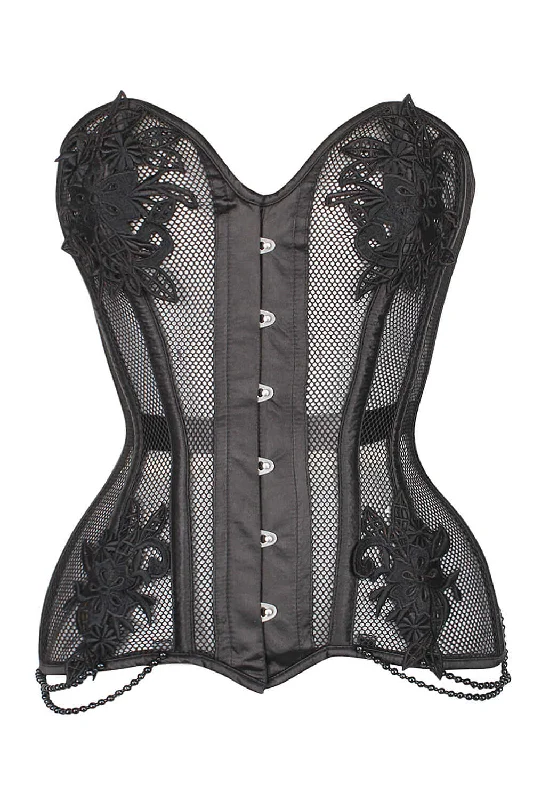 Edwardian inspired women bustiers and corsetsBlack Mesh and Lace Appliqué Waist Taming Overbust Corset