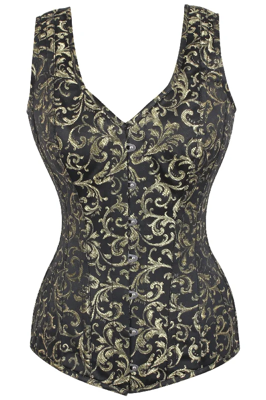 low - cut women bustiers and corsetsGold Brocade V Neck Waist Taming Overbust With Straps