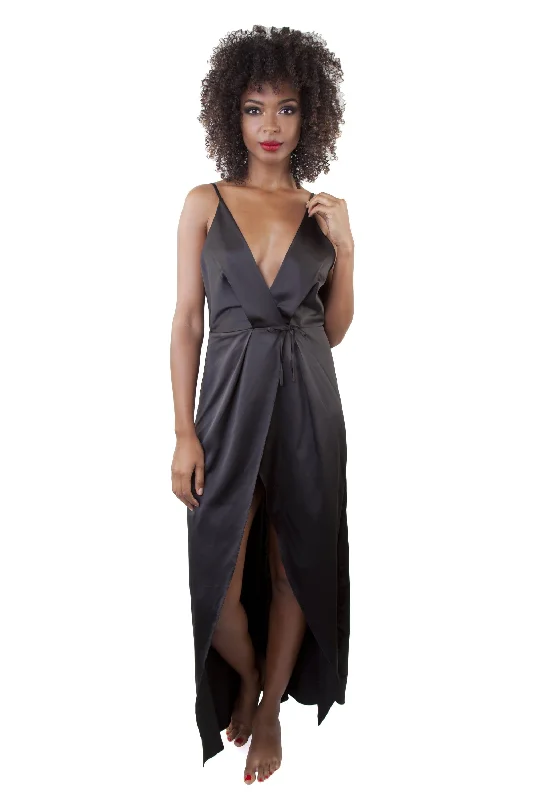 plunge bras for low cut topsReina Black Satin Chemise