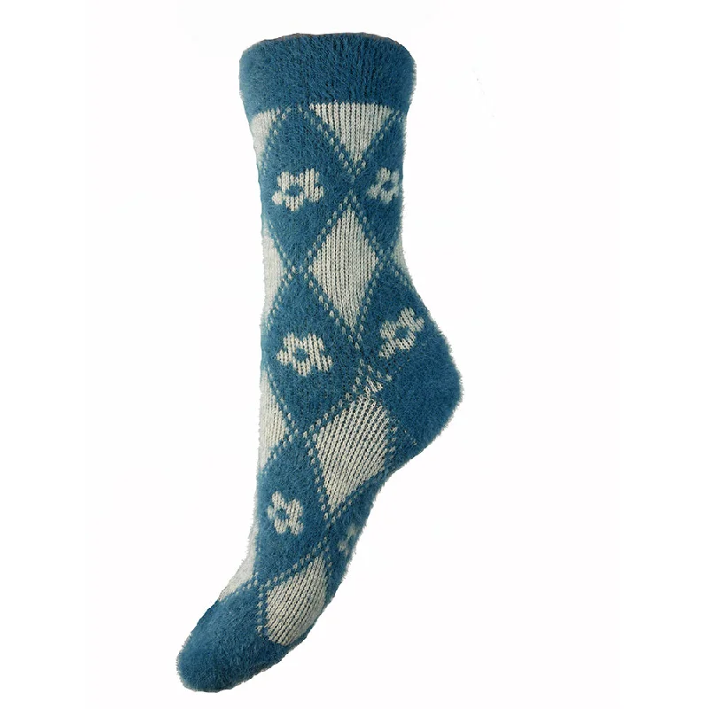 Women's sheer over - the - knee socks for a sexy appealBlue and Cream Flower patterned Wool Blend Socks