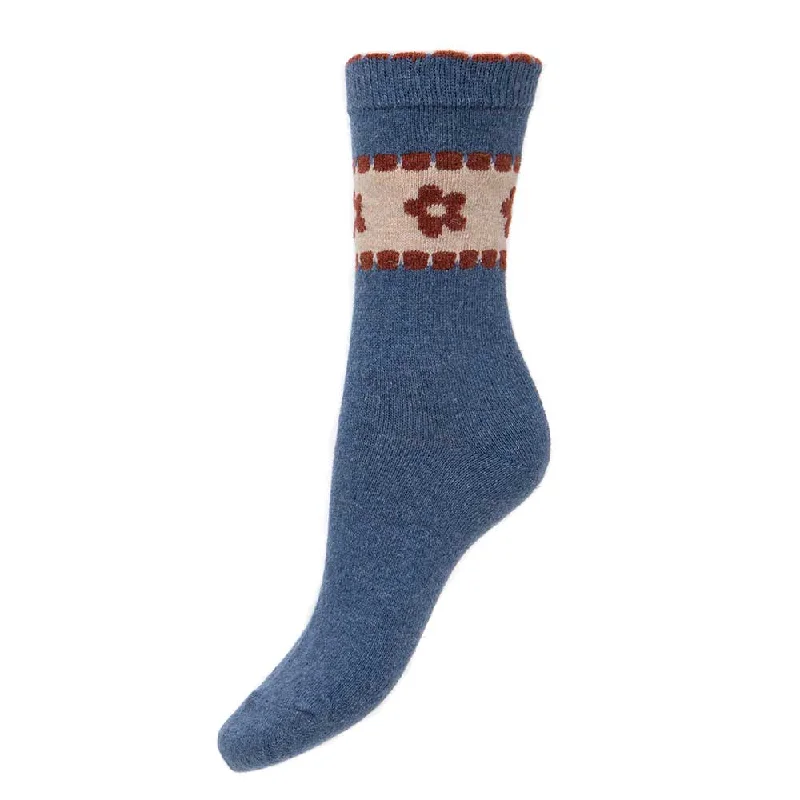 Women's cashmere - blend socks for extra softnessBlue wool blend socks with floral band