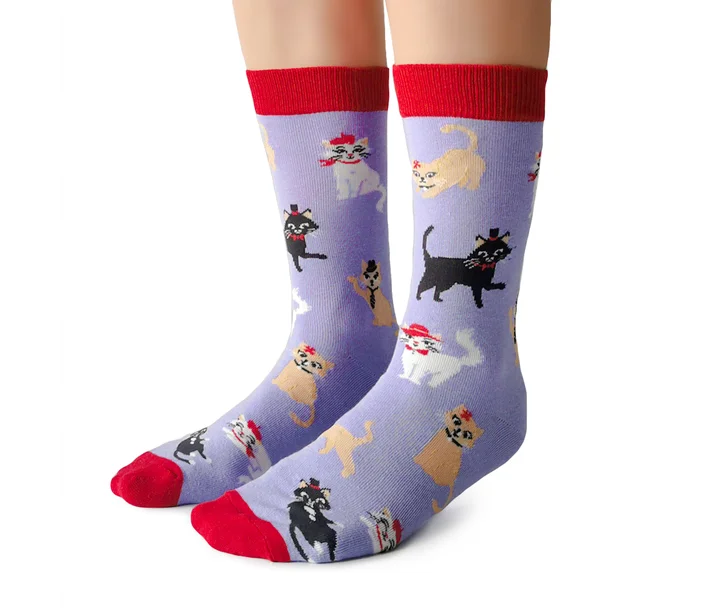 Women's bamboo fiber socks for eco - friendliness"Cats in Hats" Cotton Crew Socks by Uptown Sox - Medium